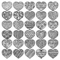 A set of zen hearts with ornate patterns, meditative coloring pages for Valentines Day vector