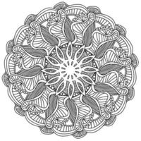 contorno zen antiestrés mandala con pétalos a rayas y rizos, página de coloración de garabatos de líneas y círculos pequeños vector