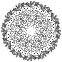 Outline holiday doodle mandala with christmas attributes, zen coloring page on winter theme vector