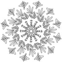 Ornate air doodle snowflake mandala with small beams, antistress coloring page zen shaped round frame vector