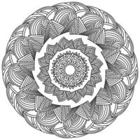 mandala adornado de contorno con elementos triangulares y líneas simétricas, página para colorear antiestrés en forma de marco redondo con líneas zen vector