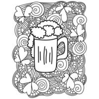 Ornate St. Patricks Day Coloring Page, Mug of foamy beer among clover and fantasy patterns vector