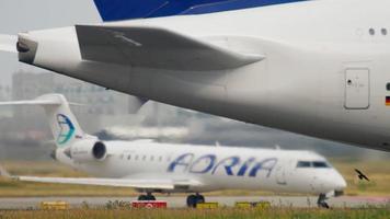 FRANKFURT AM MAIN, GERMANY JULY 19, 2017 - Lufthansa Airbus 380 D AIMH named  New York  taxiing to start. Fraport, Frankfurt, Germany video