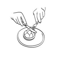 closeup hand using fork and knife to cut cake illustration vector hand drawn isolated on white background line art.