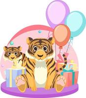 dos tigres con cajas de regalo y globos vector