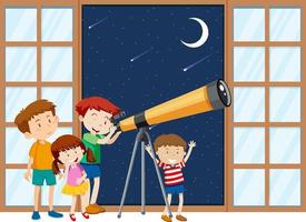 los niños observan el cielo nocturno con telescopio vector