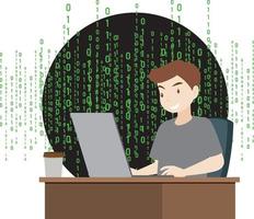 A man using laptop with binary code vector