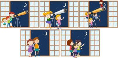 conjunto de diferentes niños observan el cielo nocturno con telescopio vector