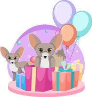 Two fennec foxes with gift boxes and balloons vector