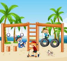 parque infantil en la playa con niños felices vector