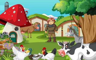 Cartoon farm animals in nature scene vector