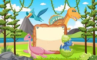 Empty board with cute dinosaurs cartoon characters vector