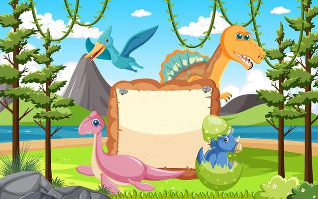 Empty board with cute dinosaurs cartoon characters