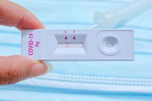 Closeup of a Corona virus disease. Healthcare kit for test COVID-19 Rapid antigen  ,Quick Detection Testing , Comfortable for test at home by self. photo