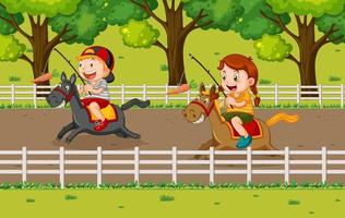 niños felices montando a caballo vector