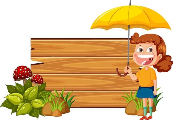 Empty board with cartoon girl holding umbrella