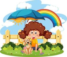 una niña sosteniendo un paraguas con un perro vector