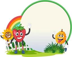 Funny food cartoon character in garden banner vector