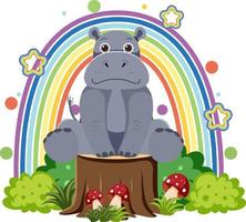 Cute hippo on stump in flat cartoon style vector