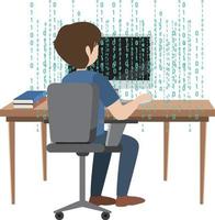 Back of a man using laptop with binary code vector