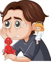 Cartoon character with devil and angel fighting in thought vector