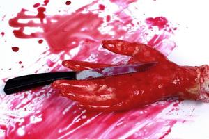 A bloody hand making a fist with blood dripping down isolated on white. photo