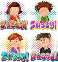 Sussy text word banner comic style with cartoon character expression vector