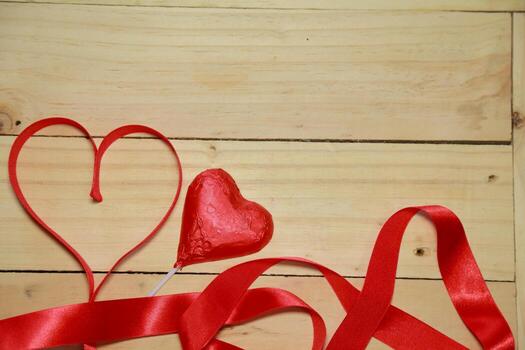 Design Red heart shaped ribbon and chocolate heart on old aged wood background. valentine concept. Space for text. photo