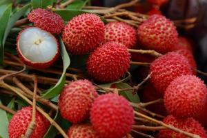 Lychee, Fresh lychee and peeled showing the red skin and white flesh with green leaf . photo