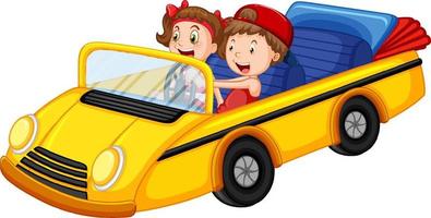 Children in yellow vintage convertible car vector