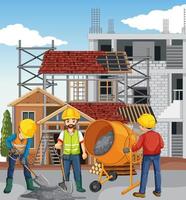 House construction site with workers cartoon vector