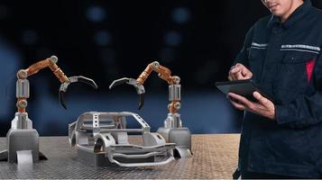 Car production processing service in factory robot hi tech robotic AI control arm hand robot artificial for car technology in garage dealership with tech hand cyborg 2022 3D RENDER photo
