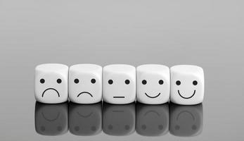 User service feedback, rating customer review, poll, satisfaction survey concept. White blocks with facial expressions. Copy space photo