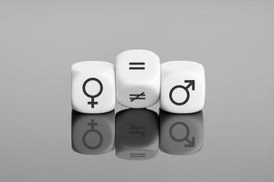 Gender equality concept. White block flipping a unequal sign to a equal sign between symbols of men and women photo