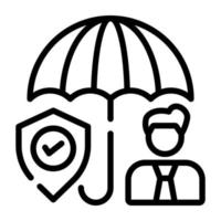 Person under umbrella with a shield, line icon of worker vector