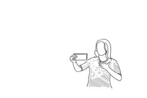 Cartoon woman take selfie. Concept of video call. Vector illustration design.