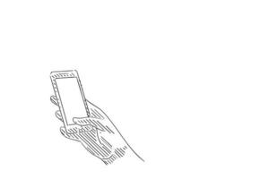 boceto de la mano que sostiene el teléfono inteligente y toca la pantalla con el pulgar. ilustración de diseño dibujado a mano vector