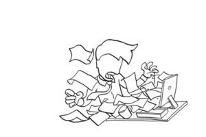 Computer vomiting paper make a worker stunned. Concept of overload work. Cartoon vector illustration design