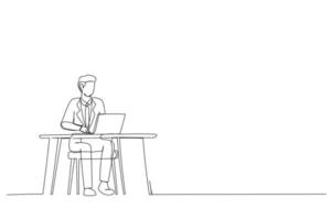 One line illustration of man working at the desk in modern office. Cartoon happy businessman or freelancer using laptop, isolated on white background. Workplace concept. vector