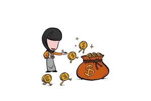 mujer de negocios asiática gana dinero trabajando. concepto de salario y bonificación. diseño de ilustración vectorial de dibujos animados vector