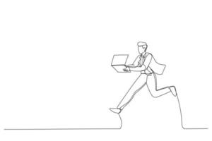 Illustration of Man run with modern laptop captured in motion. Hipster surprised bearded web developer designer or programmer with laptop. Modern laptop concept. Continuous line design style vector