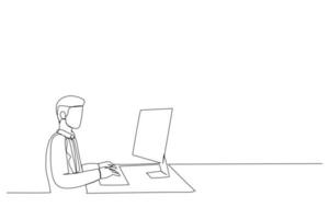 Character of Business team working from home in a video conference. The guy communicates via video call with his business colleagues about the future strategy. Distant work. Single line design style vector