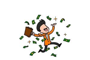 Happy businessman with briefcase showered with money. Concept of salary raising. Caricature vector illustration design