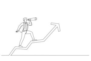 Drawing of businessman team manager using telescope to see future standing on top of rising arrow market graph. Investor fortune or profit growth. Single line art style vector