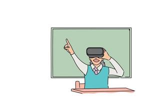 Happy female student learning in VR simulator. Flat vector illustration design