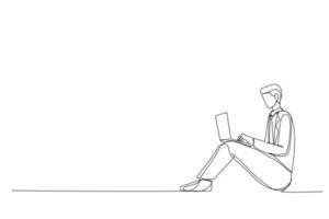 Single line drawing of young man sitting computing computer laptop in isolated white background vector