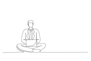 One line illustration of young man in suit holding laptop computer while sitting on a floor isolated over white background. vector