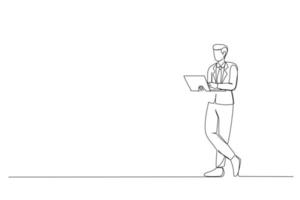 Continuous line sketch of focused serious intelligent manager standing with confidence and crossed legs vector