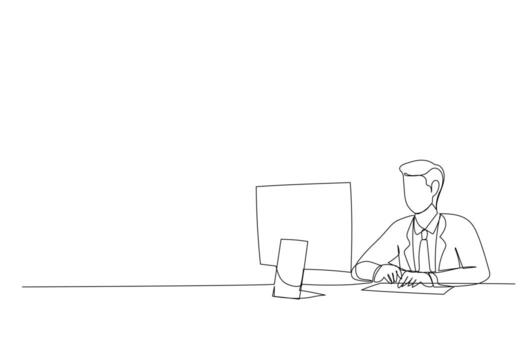 personaje de hombre de negocios que usa una computadora de negocios en la oficina o el lugar de trabajo. estilo de diseño de una línea vector