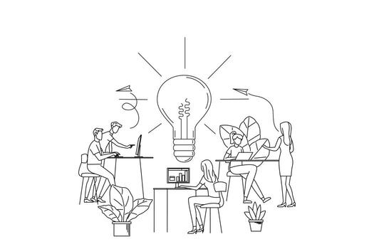 Drawing of manager at remote work, searching for new ideas solutions, working together in the company vector